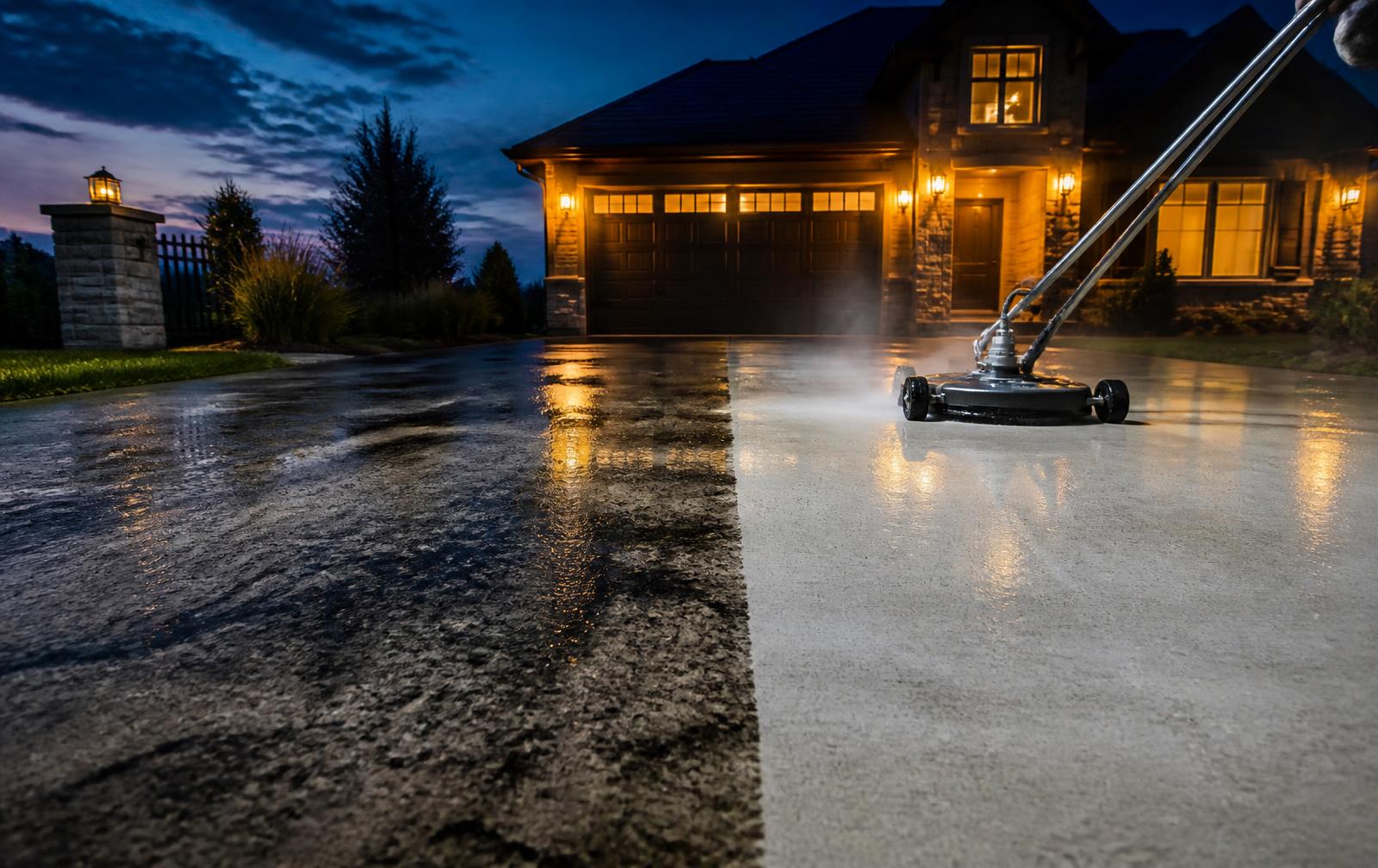 Pressure washer revealing clean concrete on a residential driveway at dusk